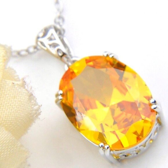 Yellow Citrine Oval Pendant Necklace Earrings Set 925 Sterling Silver Plated - Picture 3 of 12
